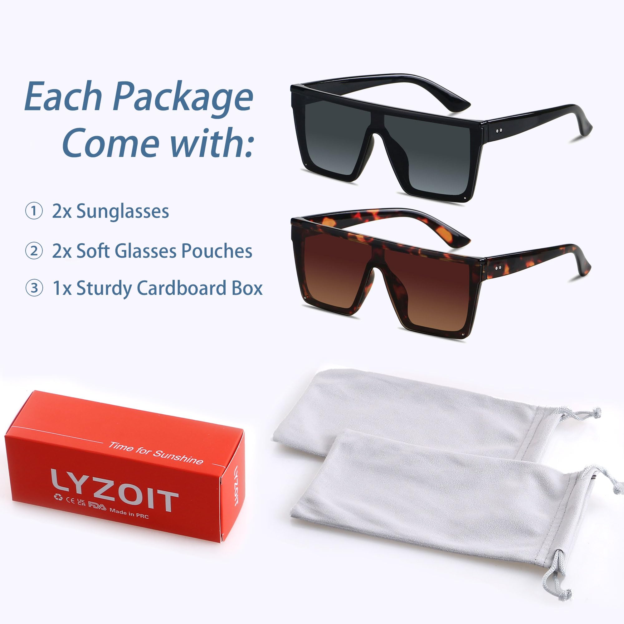 LYZOIT Square Oversized Sunglasses for Women Men Big Flat Top Fashion Shield Large UV Protection Rimless Shades