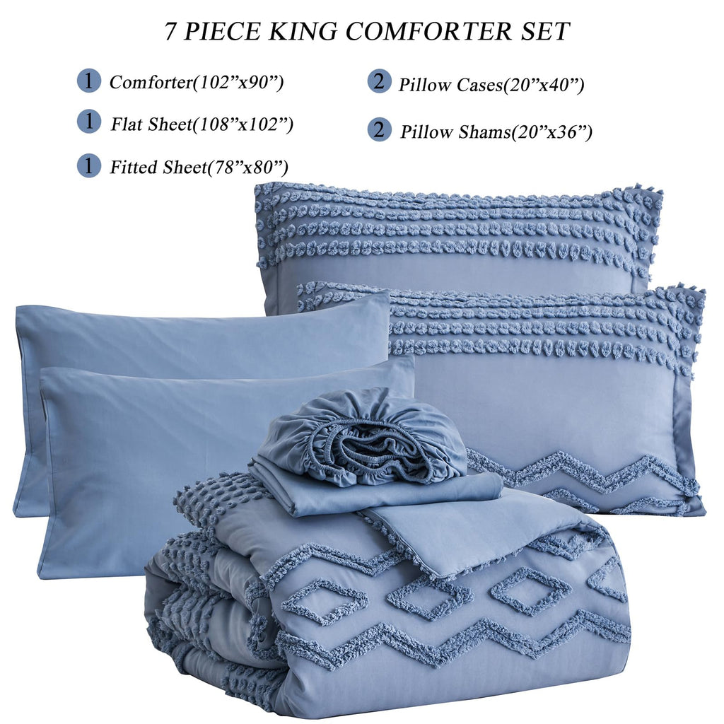 KAKIJUMN Grey Tufted Comforter Set King Size 7 Piece Bed in a Bag, Shabby Chic Boho Comforter and Sheet Set, Pom Pom Textured Bed Set, All Season Soft Microfiber Complete Bedding Set(Grey,King)