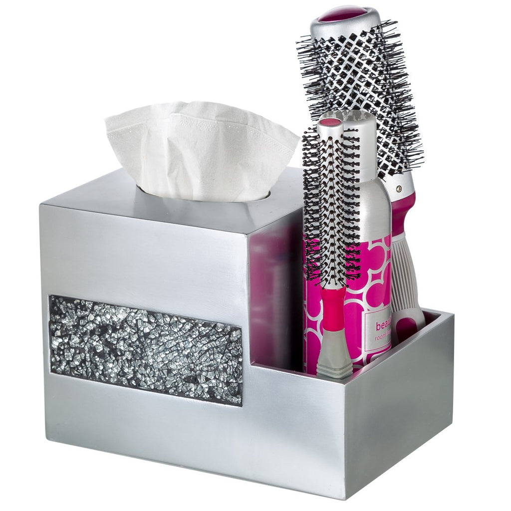 Creative Scents Crackled Glass Silver Bathroom Accessory Set – 4-Piece Vanity Set Includes: Lotion Soap Dispenser, Toothbrush Holder, Tumbler, and Soap Dish