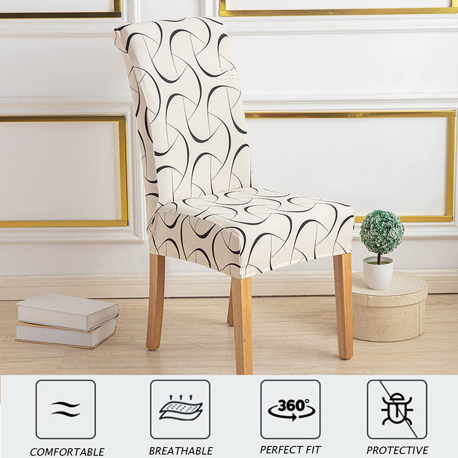 HZDHCLH 6 Pack Chair Covers for Dining Room,Soft Spandex Removable Washable Anti-dust Seat Slipcover, Protector for Hotel,Office,Ceremony,Banquet Wedding Party(Beige, Set of 6)