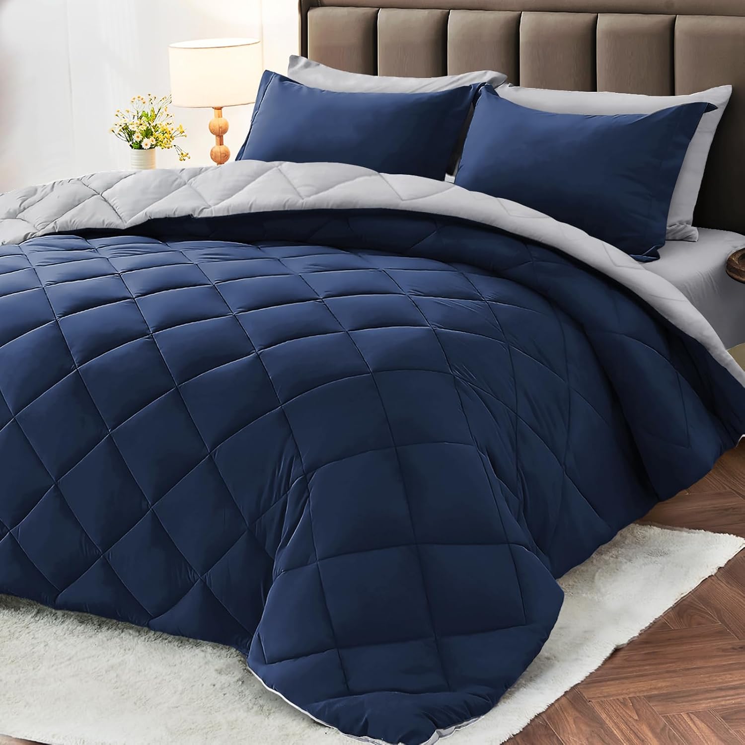 MUXHOMO 7 Pieces King Comforter Set, Reversible Bed in a Bag King Size, All Season Bedding Set with Comforter, Flat Sheet, Fitted Sheet, Pillowcases & Shams, Red & Black