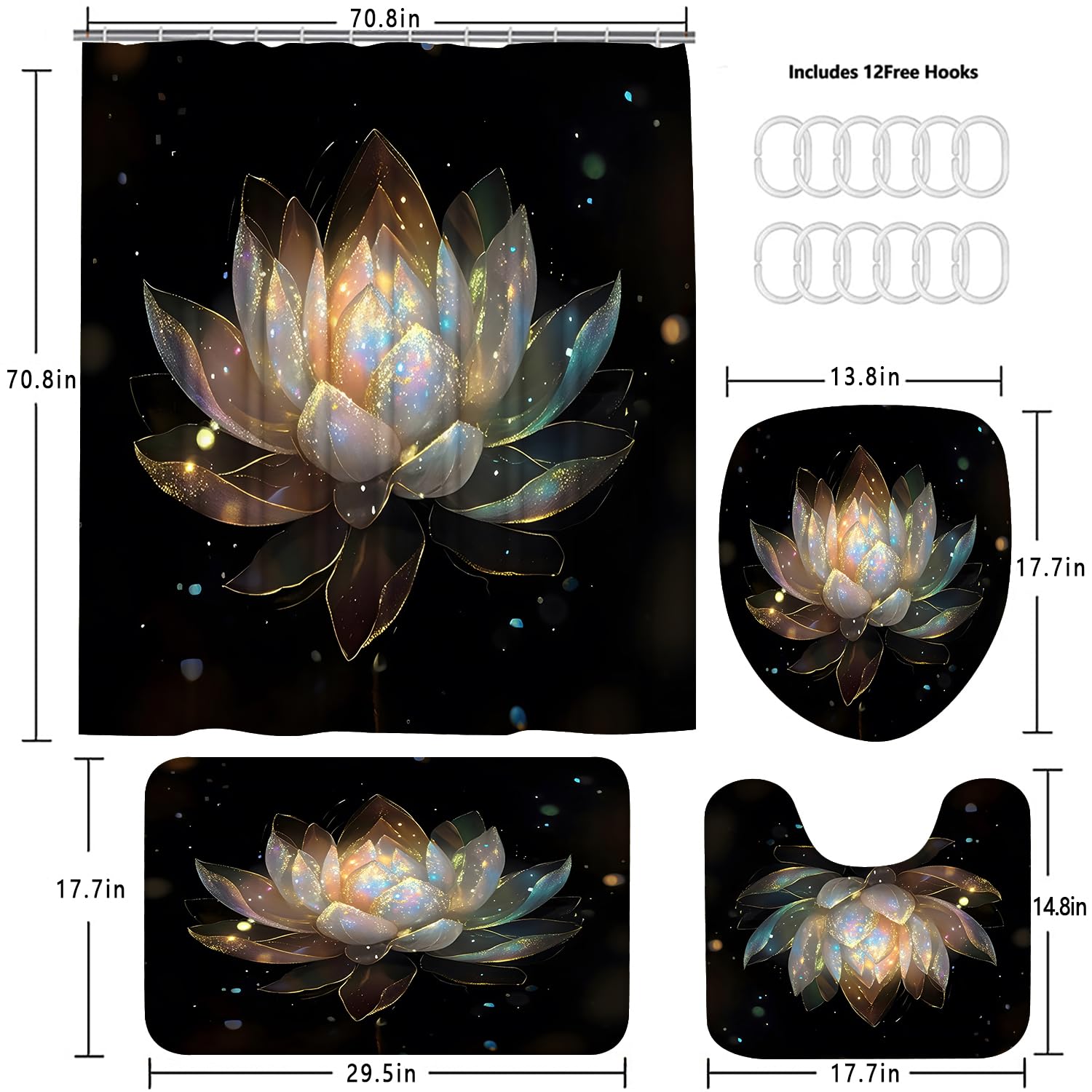 AZHM 4PCS Lotus Shower Curtain Set Black and Gold Flower Bathroom Decor Sets with Shower Curtain and Rugs and Accessories with 12 Hooks for Toilet