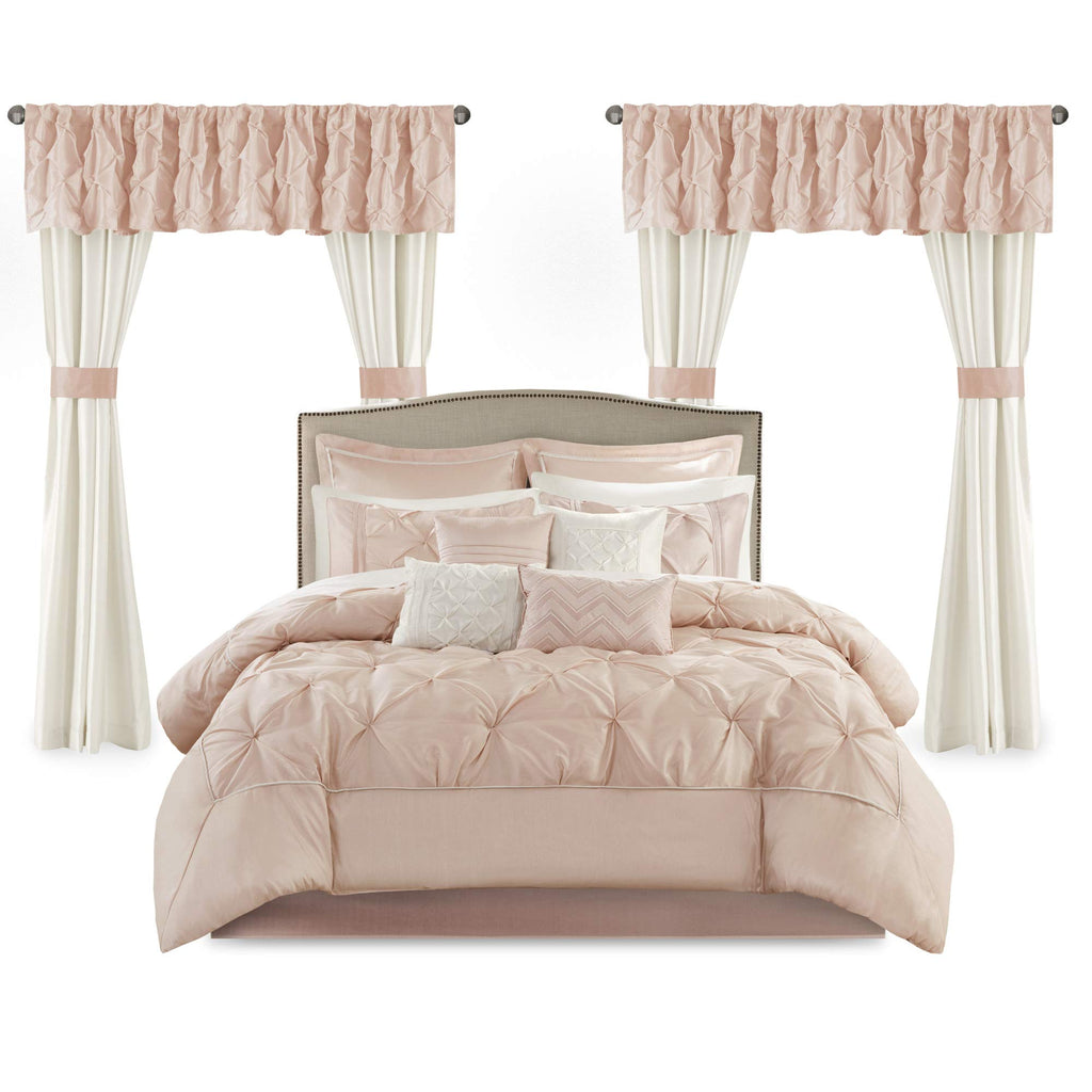 Madison Park Essentials Room in a Bag Faux Silk Comforter Set - Luxe Diamond Tufting All Season Bedding, Matching Curtains, Decorative Pillows, Taupe King(104"x92") 24 Piece