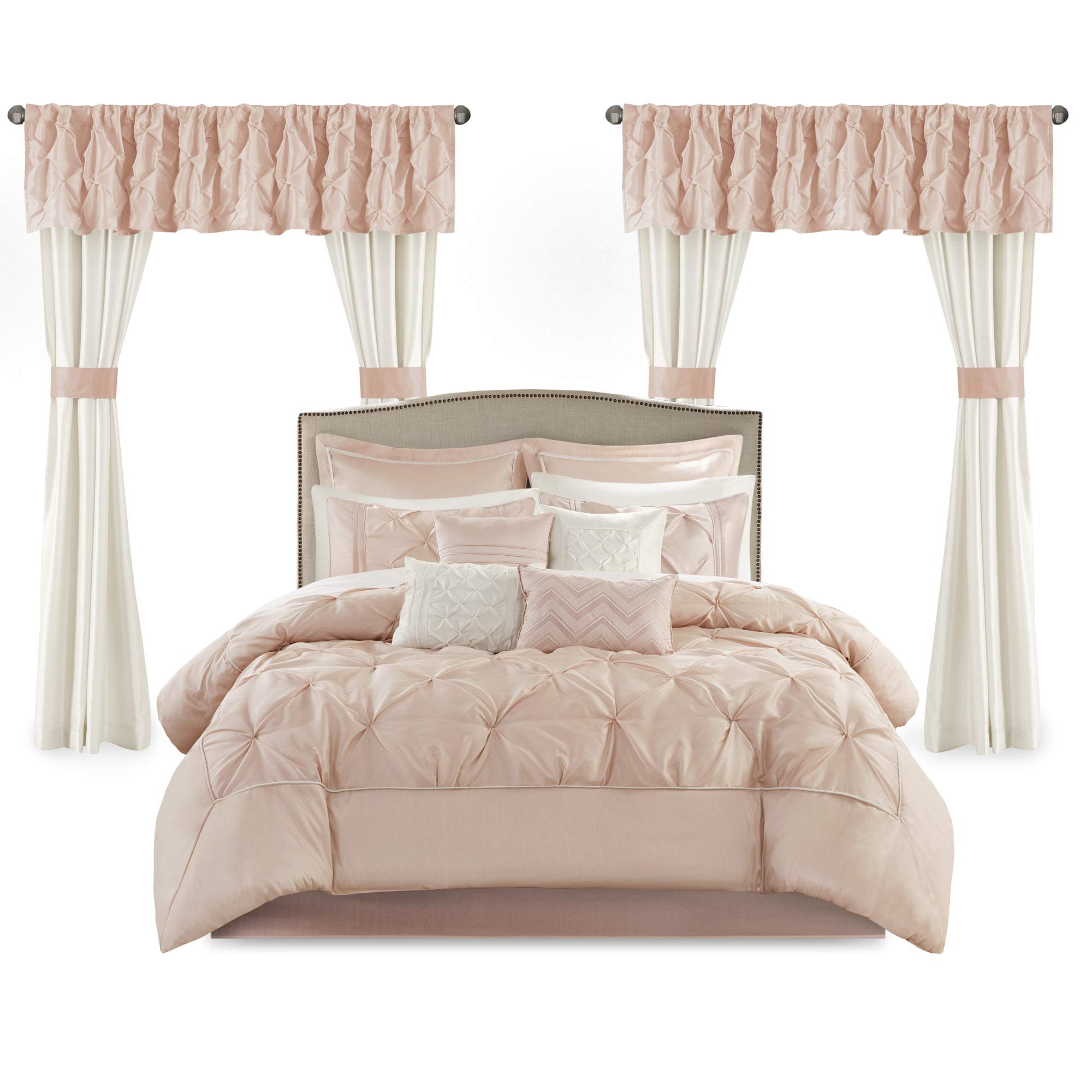 Madison Park Essentials Room in a Bag Faux Silk Comforter Set - Luxe Diamond Tufting All Season Bedding, Matching Curtains, Decorative Pillows, Taupe King(104"x92") 24 Piece