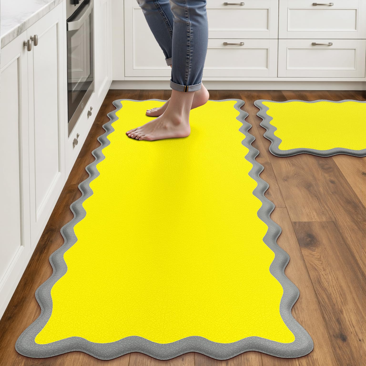 Arenarug Upgrade Scalloped Embossed Kitchen Mats for Floor 2PCS Cushioned Anti Fatigue Waterproof Foam Kitchen Rugs Non Slip Washable Comfort Standing Mat for Office Sink Laundry, Black