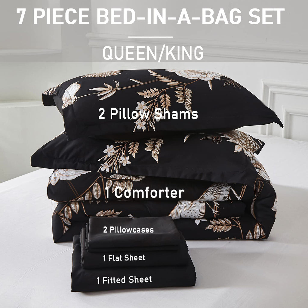 Yogeneg 7 Piece Bed in a Bag King Size Comforter Set Black Bedding Set,Gold Butterfly Leaves Printed on Black Reversible Design,Soft Microfiber Comforter with Sheet Set,All Season(Butterfly,King)