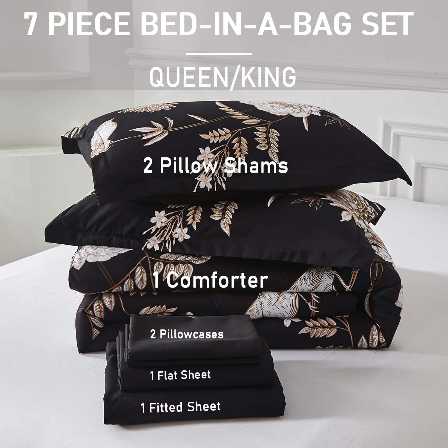 Yogeneg 7 Piece Bed in a Bag King Size Comforter Set Black Bedding Set,Gold Butterfly Leaves Printed on Black Reversible Design,Soft Microfiber Comforter with Sheet Set,All Season(Butterfly,King)