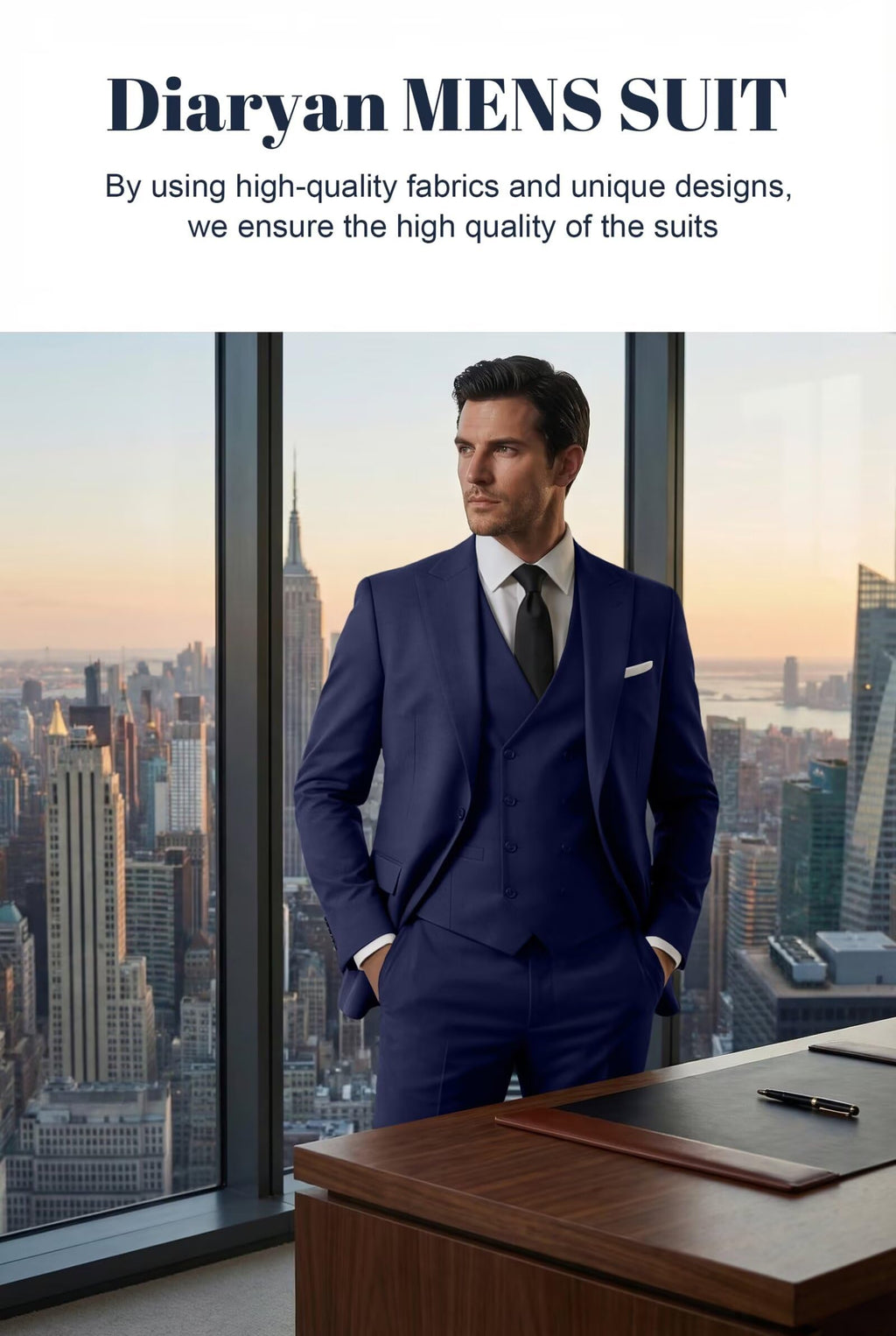 Mens Suit 3 Piece Double Breasted Suit Men Formal Business Tuxedos Blazer Vest Pants Set for Wedding Party Dinner