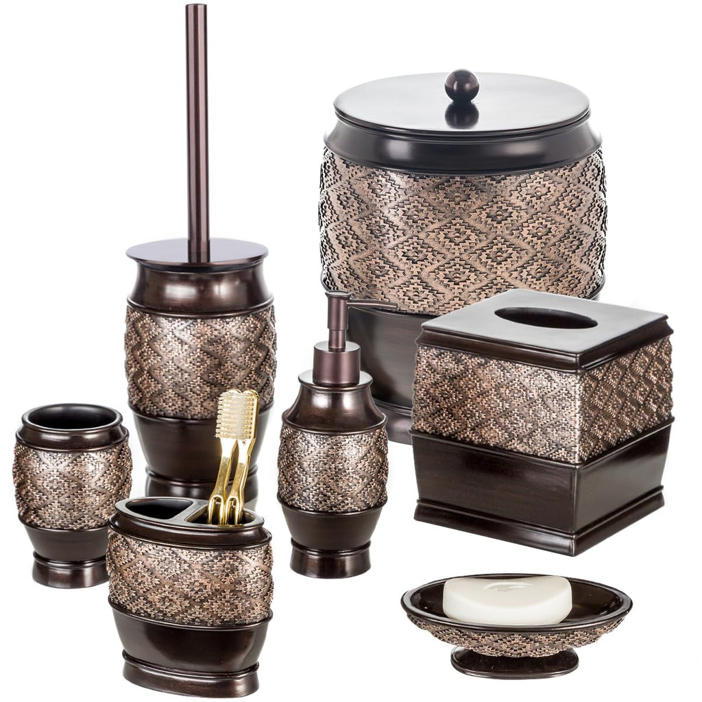 Creative Scents Dublin Brown Bathroom Accessories Set Complete - 4 Pc. Bathroom Sets Accessories, Luxury Bathroom Accessory Set - Soap Dispenser, Soap Dish, Tumbler & Toothbrush Holder Set