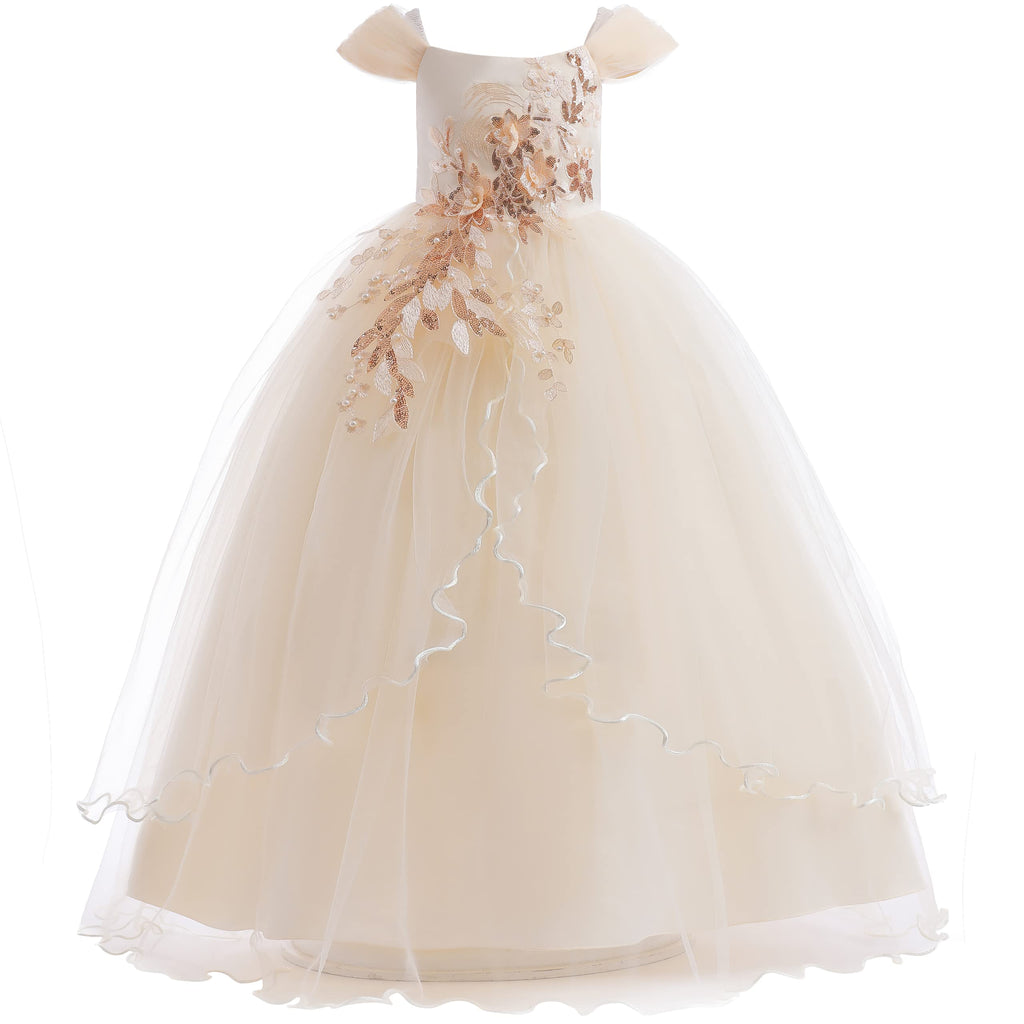 Weileenice Vintage Off the Shoulder Flower Girl Dress Lace Embroidery Little/Big Girls Wedding Bridesmaid Holiday Ballgown