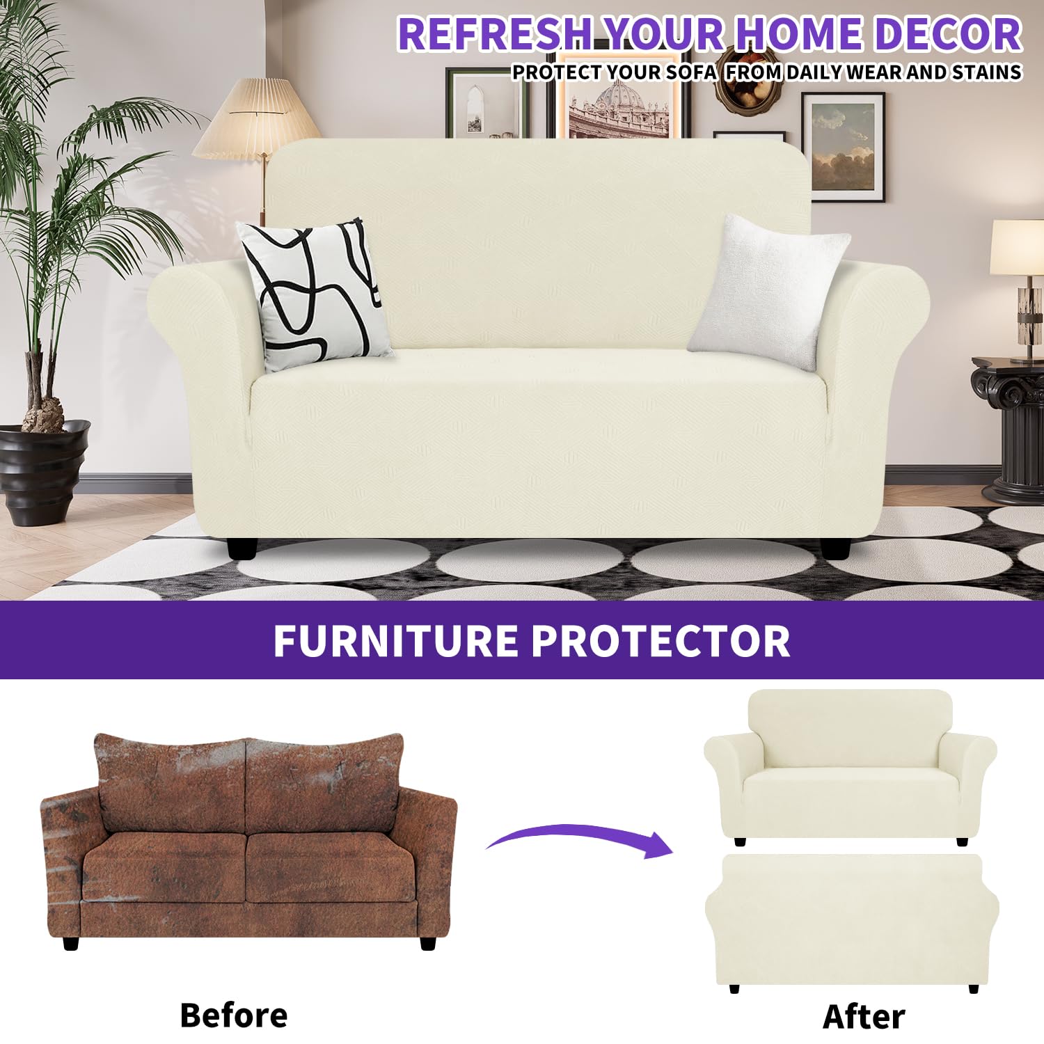 ZNSAYOTX Super Stretch Chair Slipcover (30"-47"), New Striped Sofa Chair Covers for Living Room, Dogs Pet Friendly Anti-Slip Chair Protector Spandex Armchair Slipcovers (Beige, Chair)