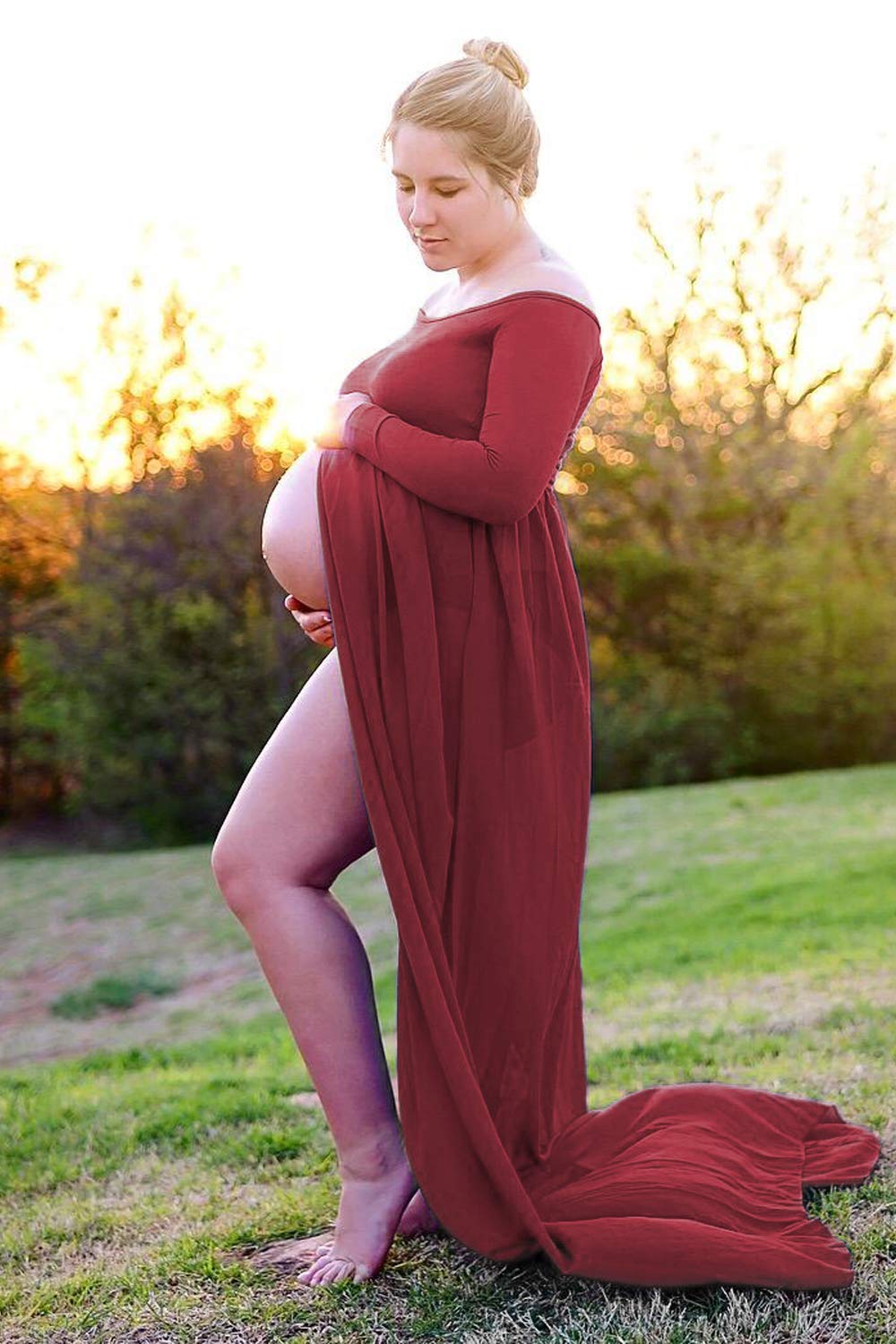 Mommy Jennie Maternity Dress Off Shoulder Long Sleeve Split Front Chiffon Gown for Photoshoot