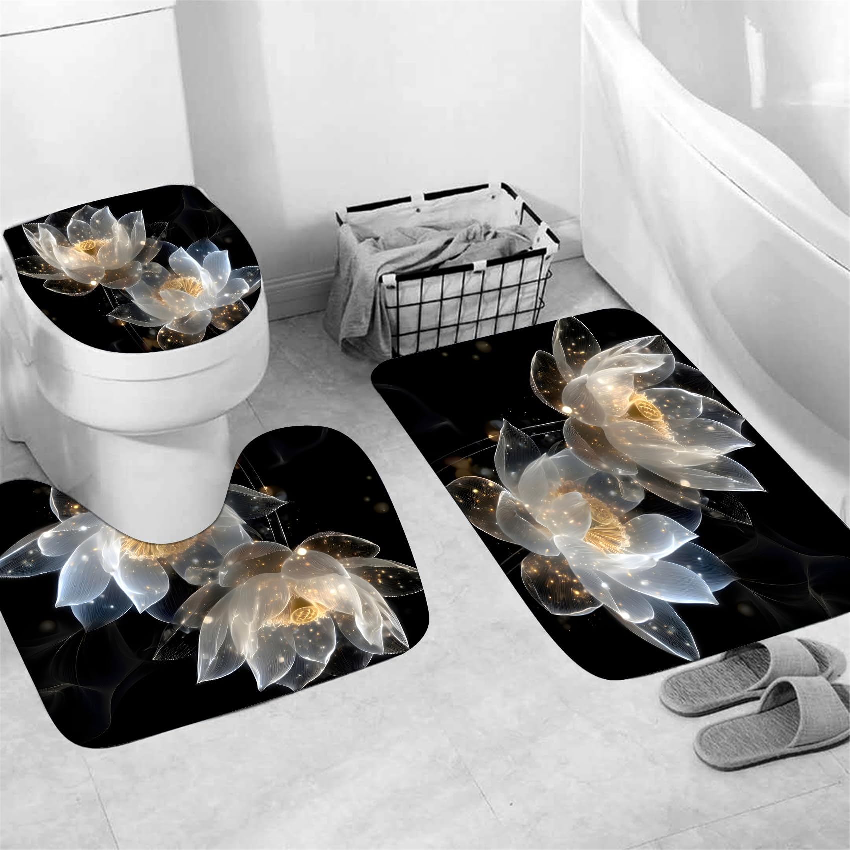 AZHM 4PCS Lotus Shower Curtain Set Black and Gold Flower Bathroom Decor Sets with Shower Curtain and Rugs and Accessories with 12 Hooks for Toilet
