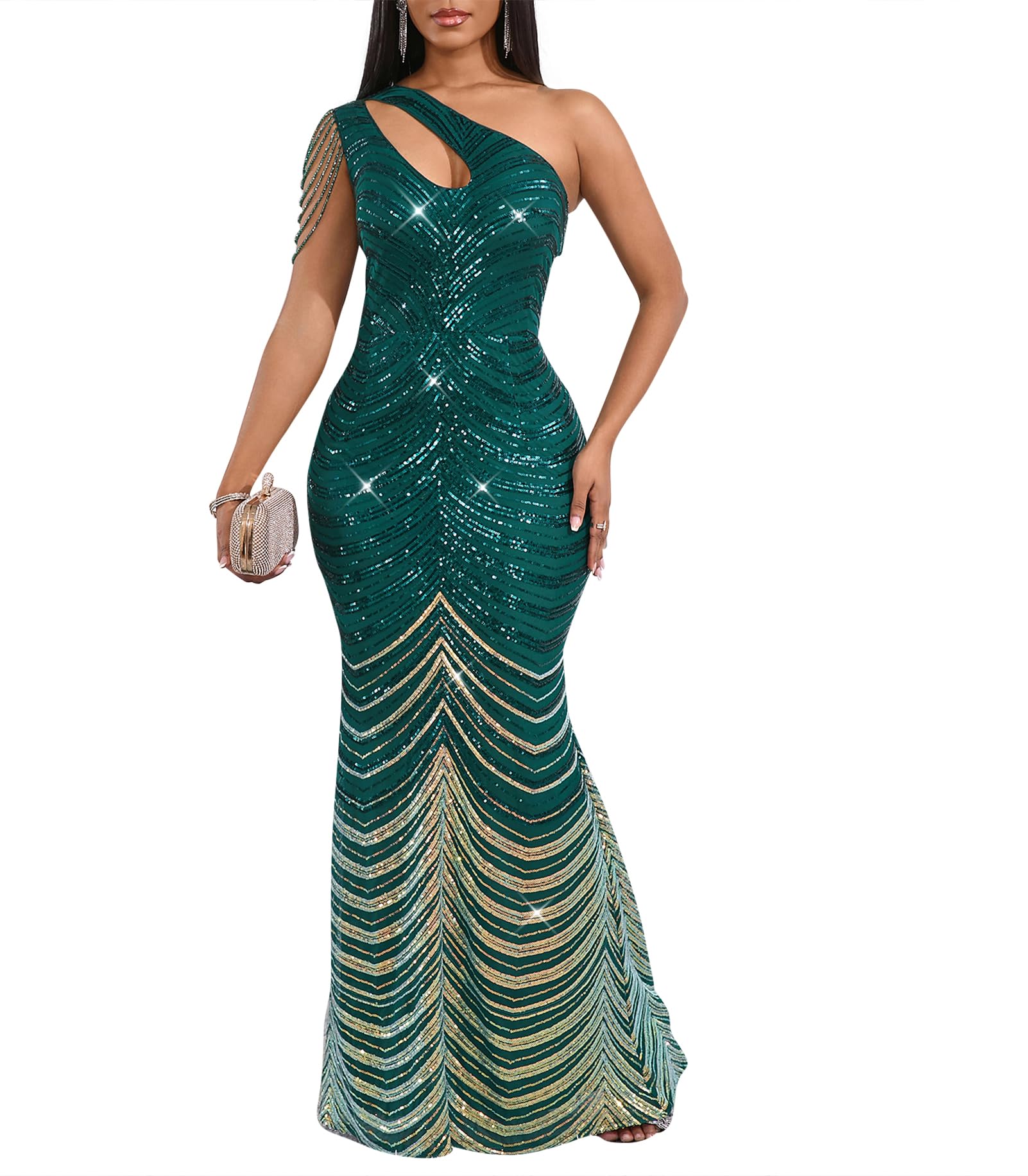 Cololura Women Sequin Elegant Sexy One Shoulder Tassel Mermaid Bodycon Cocktail Evening Dress