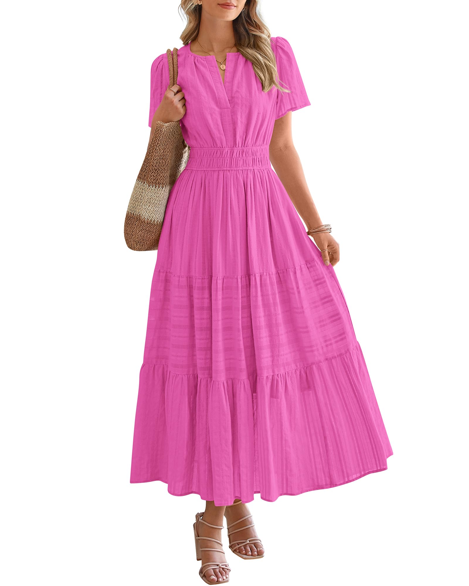 BTFBM Womens Summer 2026 Casual Midi Maxi Dresses Lightweight Short Sleeve V Neck Elastic Waist Boho Beach Dress Pockets