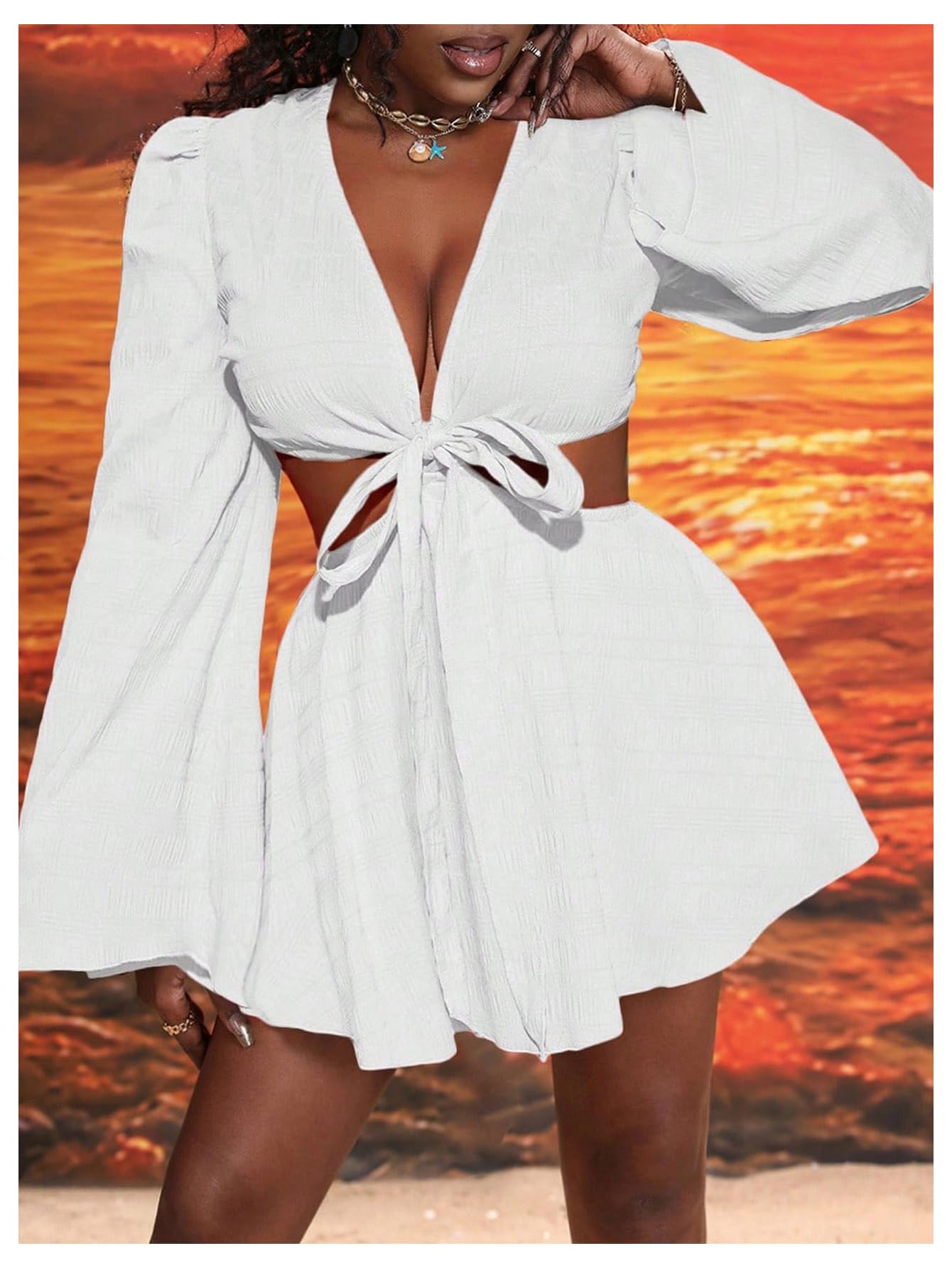 BEAUDRM Women's Tropical Dresses Summer Dress Vacation Beach Sundresses Sexy Long Bell Sleeve Two Piece Vacation Outfits