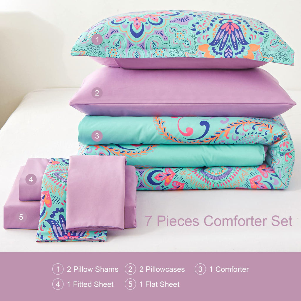 DHSFKBE 7 Piece Bed in a Bag Floral Comforter Set, Botanical Flowers Comforter and Sheet Set, Soft Microfiber Lightweight Bedding Comforter Set for All Season(Dark Floral, King)