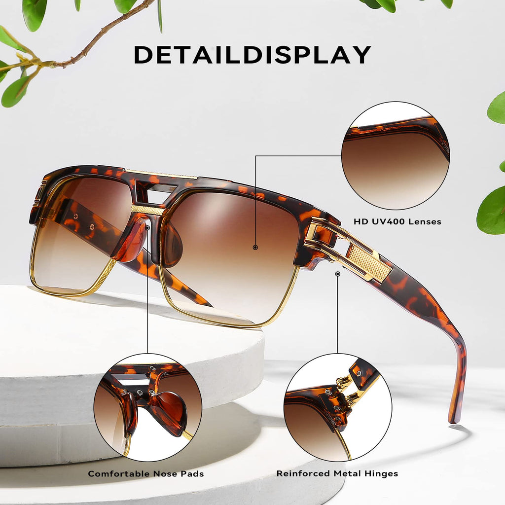 Dollger Square Sunglasses for Men Classic Oversized Sun Glasses Retro Semi Rimless Gold Alloy Frame UV400