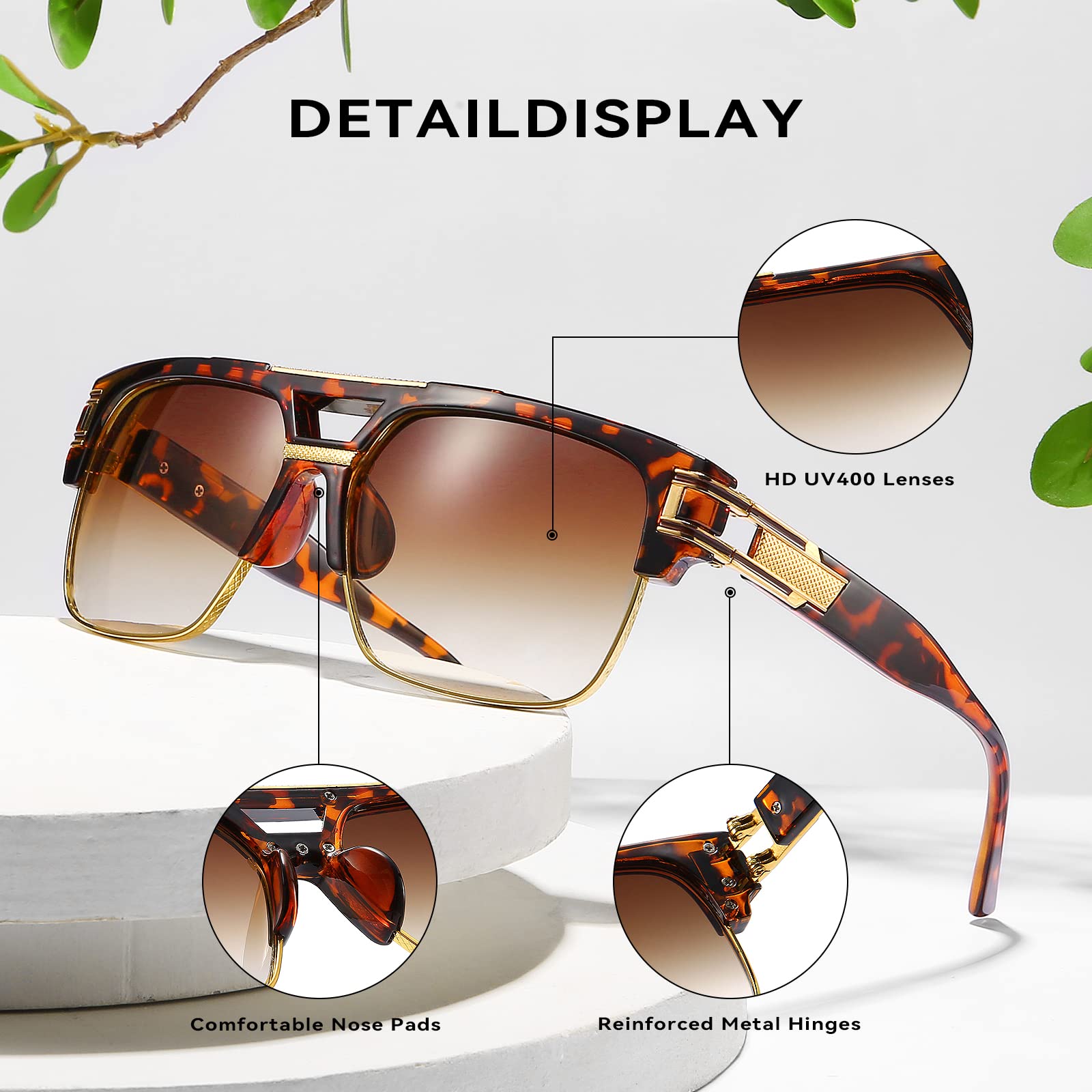 Dollger Square Sunglasses for Men Classic Oversized Sun Glasses Retro Semi Rimless Gold Alloy Frame UV400