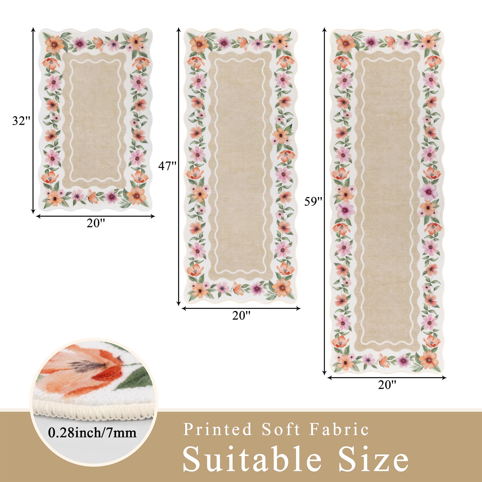 Vaukki Boho Kitchen Rug Sets 3 Pieces, Washable Kitchen Mats for Floor, Non Slip Soft Kitchen Area Rug Floor Mat for Kitchen, Laundry Room and Hallway (Grey and Beige, 20''x32''+20''x47''+20''x59'')