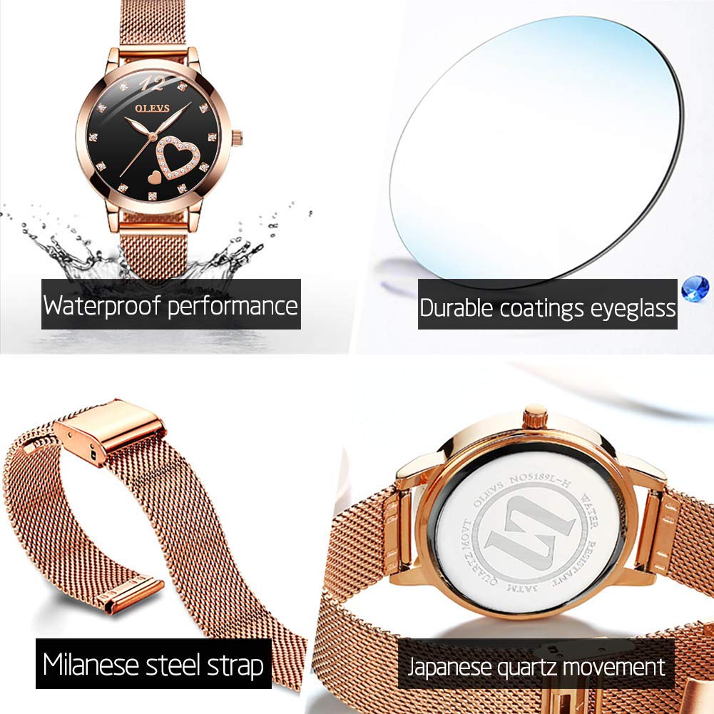 OLEVS Rose Gold Watch for Women Mesh Strap Fashion Dress Hearts Japanese Quartz Waterproof Luminous Ladies Watches Bracelet Sets