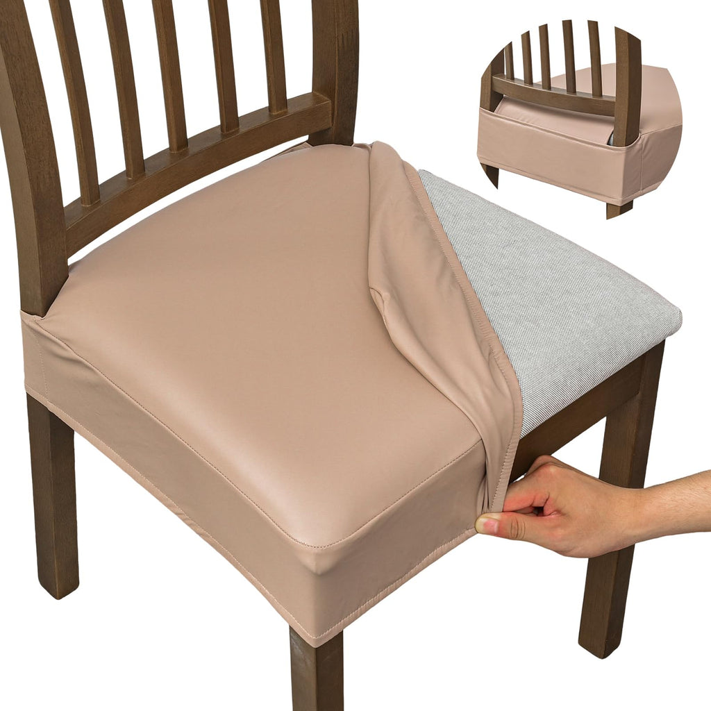 NILUOH Waterproof Seat Covers for Dining Room Chairs Set of 6, Pu Leather Chair Seat Slipcovers Dining Chair Cover Removable Washable Chair Protctor Cover, Rear Covers (PU-Coffee)