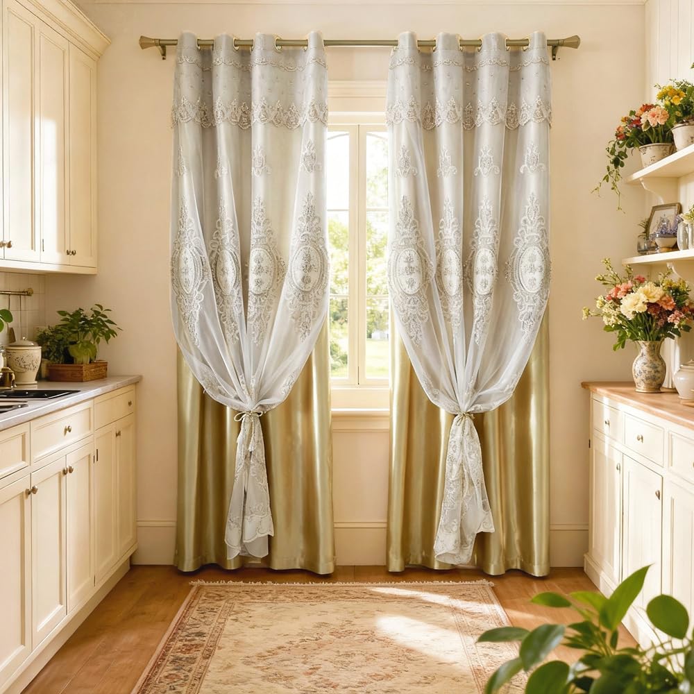 Amidoudou 1 Pair European Double Layer Curtains with Valances for Living Room Bedroom Luxury 3D Flower Embroidered Curtains (Yellow,52x96 Inch)