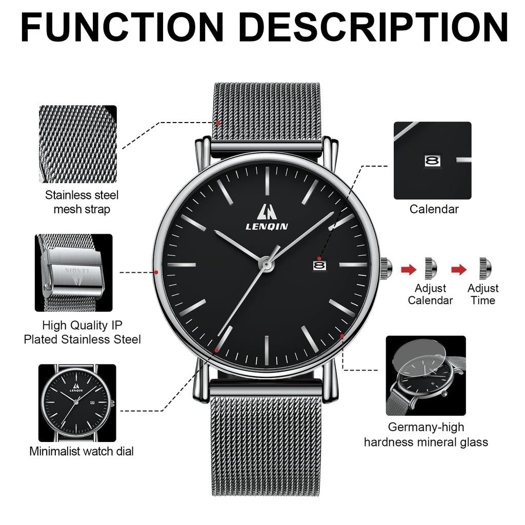 LN LENQIN Mens Watches Waterproof Stainless Steel Watch for Men Analog Quartz Fashion Business Designer Wristwatch