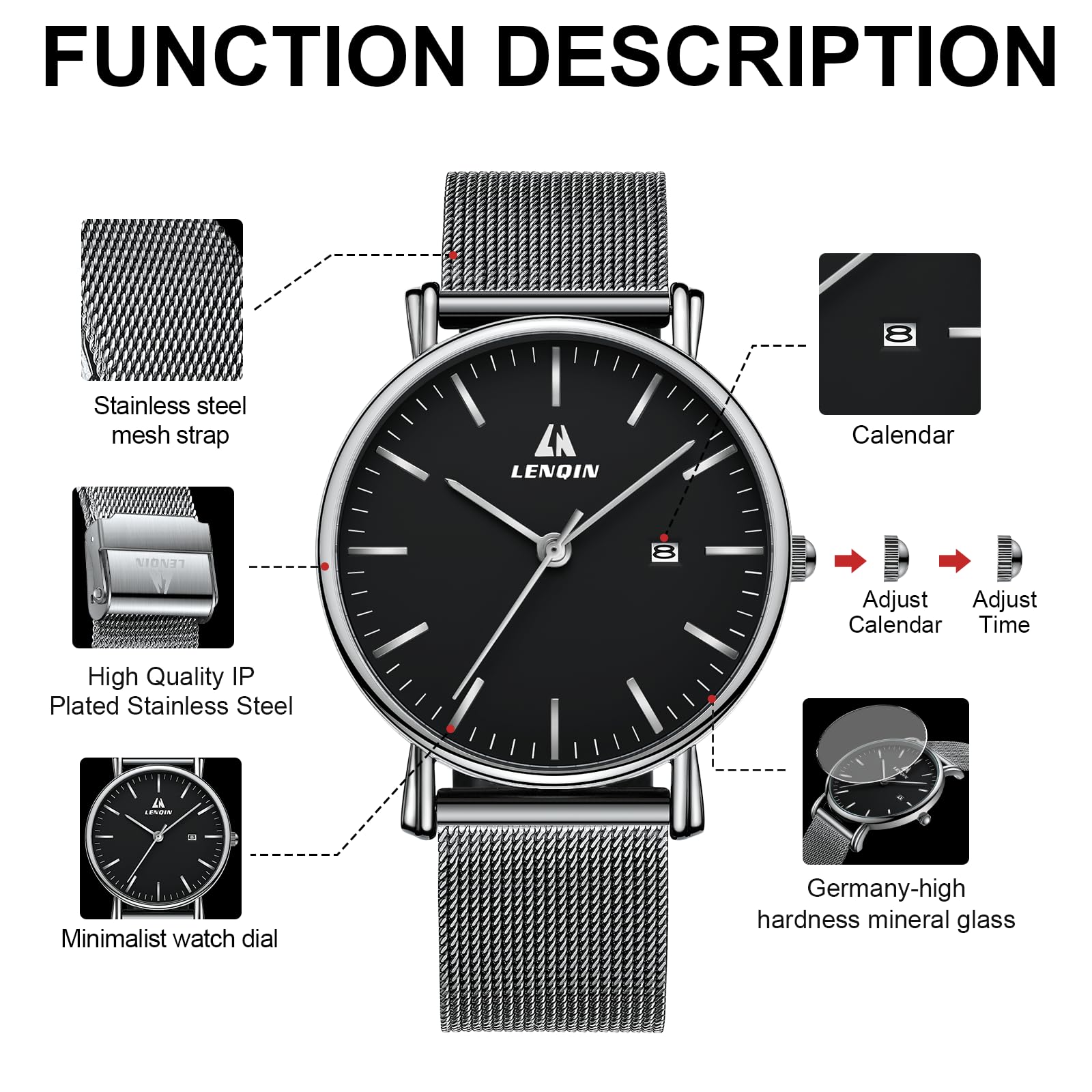 LN LENQIN Mens Watches Waterproof Stainless Steel Watch for Men Analog Quartz Fashion Business Designer Wristwatch