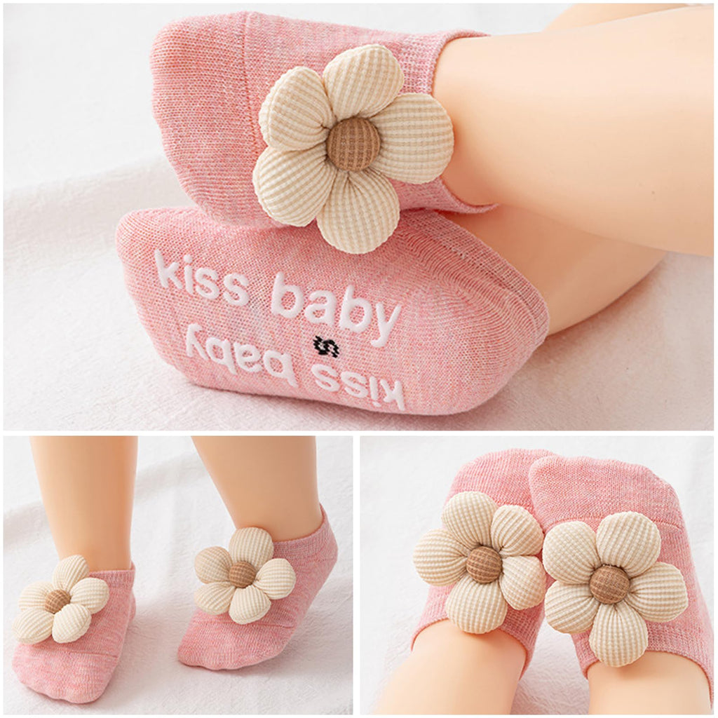 KEAINVRN 4Packs Baby Girls Socks,Flower Non-Slip Grips for Babies Toddler Princess Low Cut Ankle Socks for Girls