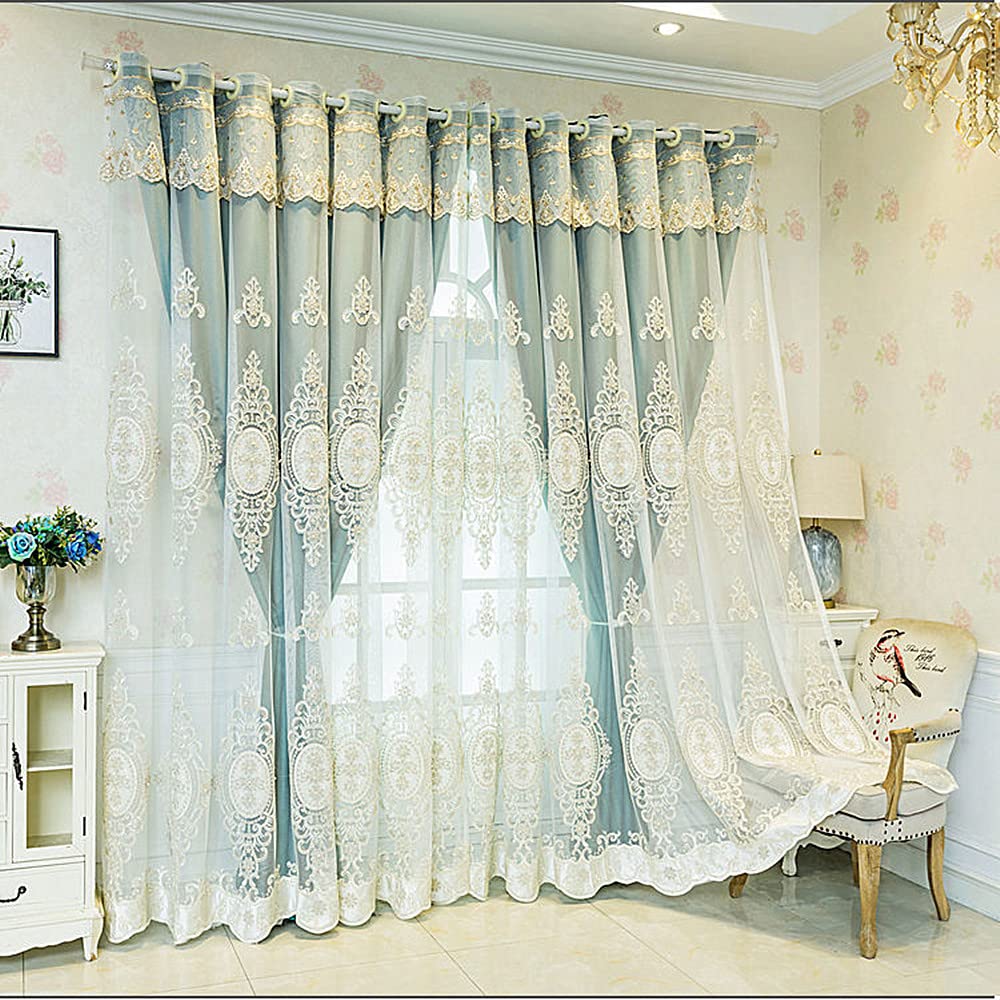 Amidoudou 1 Pair European Double Layer Curtains with Valances for Living Room Bedroom Luxury 3D Flower Embroidered Curtains (Yellow,52x96 Inch)