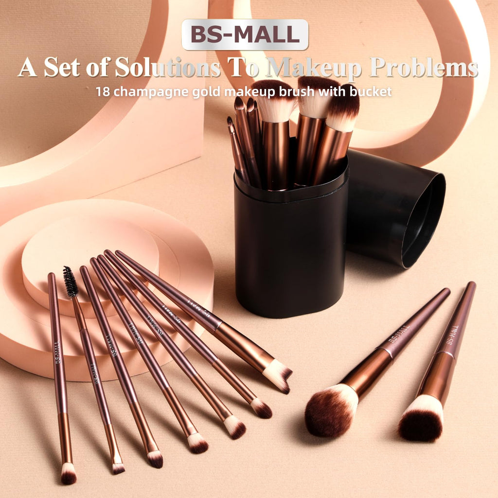 BS-MALL Makeup Brush Set 18 Pcs Professional Foundation Powder Concealers Eyeshadow Blush Synthetic Makeup Brushes with Labeled instruction Black Case Upgraded Version