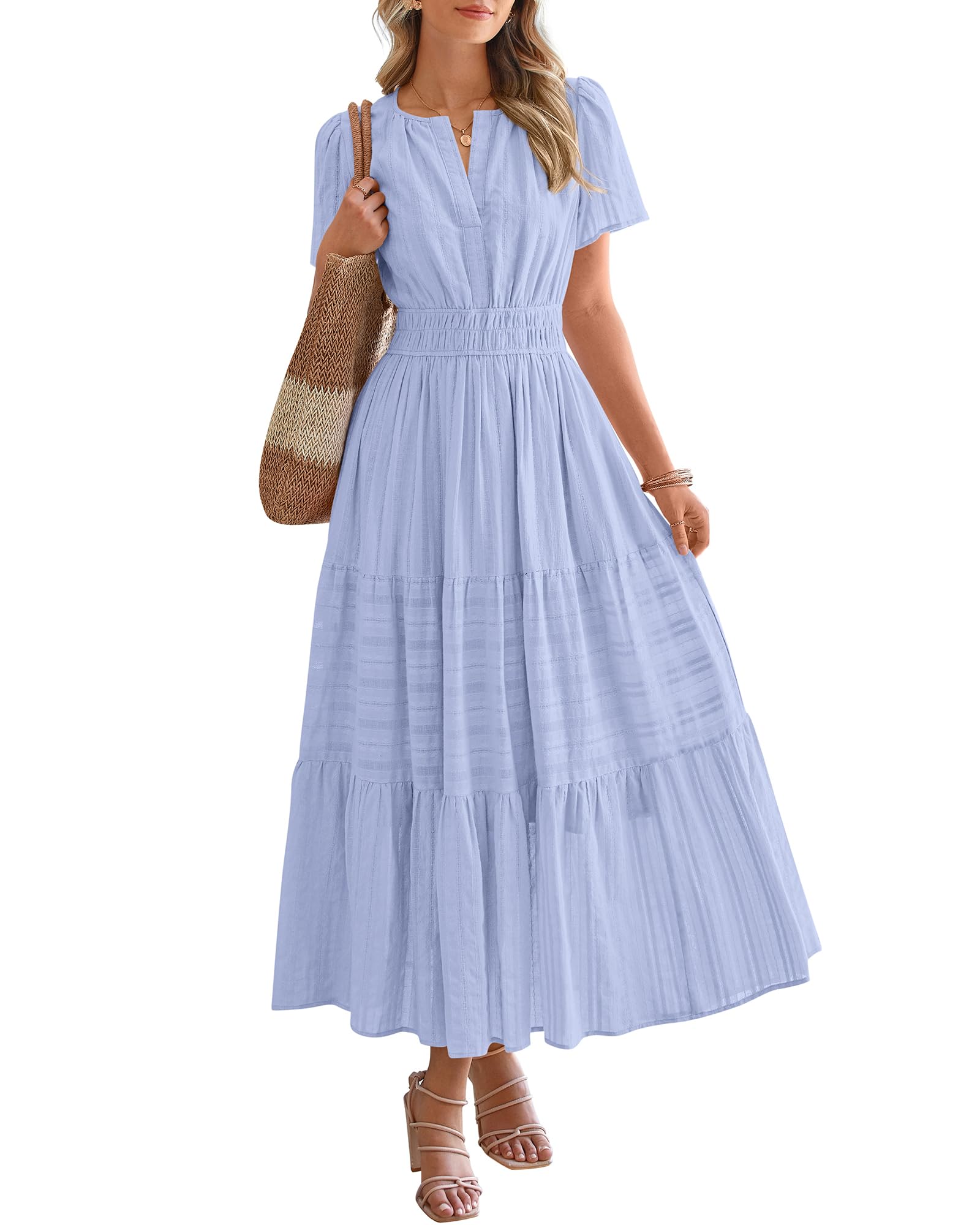 BTFBM Womens Summer 2026 Casual Midi Maxi Dresses Lightweight Short Sleeve V Neck Elastic Waist Boho Beach Dress Pockets