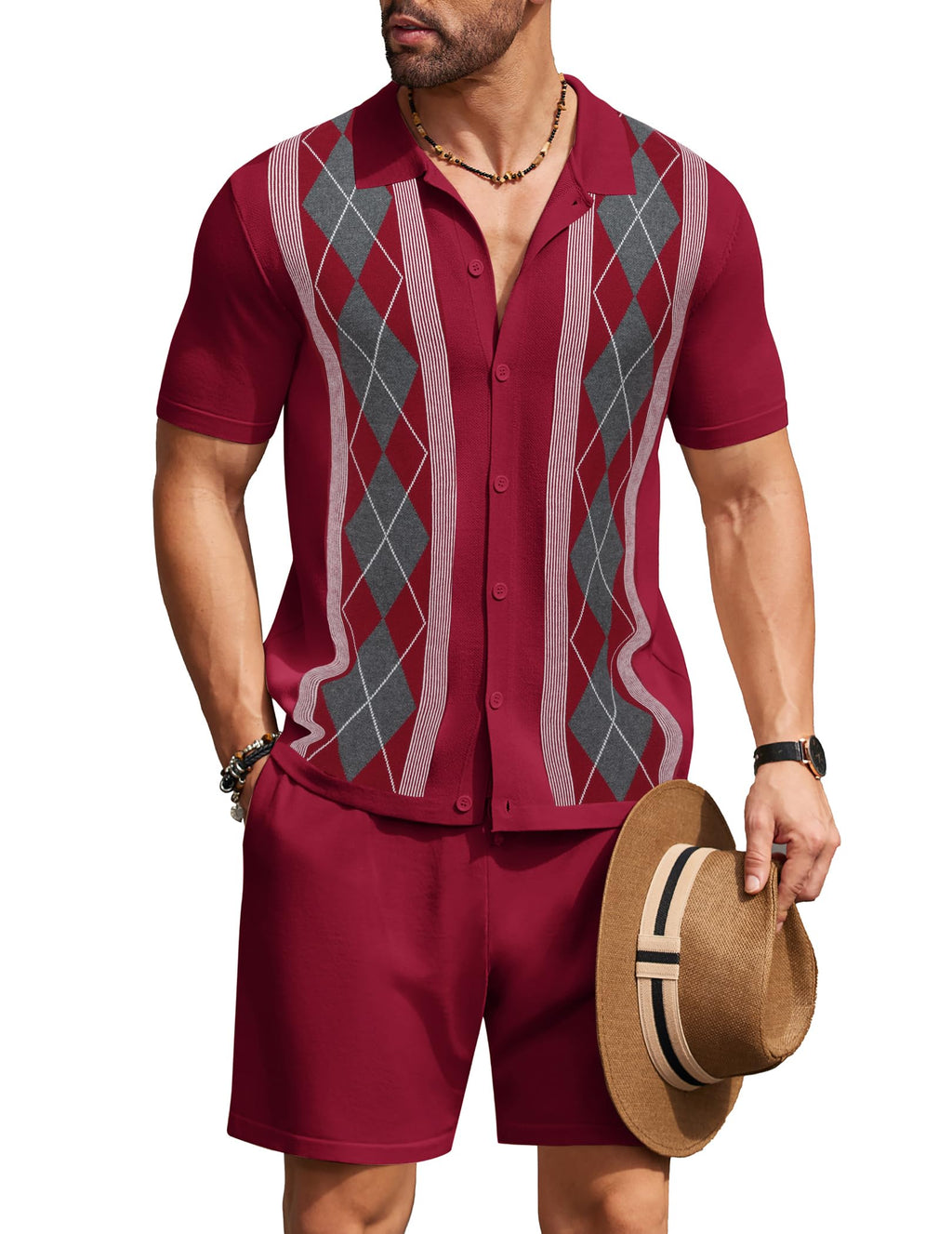 COOFANDY Men's 2 Piece Outfit Vintage Short Sleeve Button Down Knit Polo Shirts Casual Beach Shorts Sets