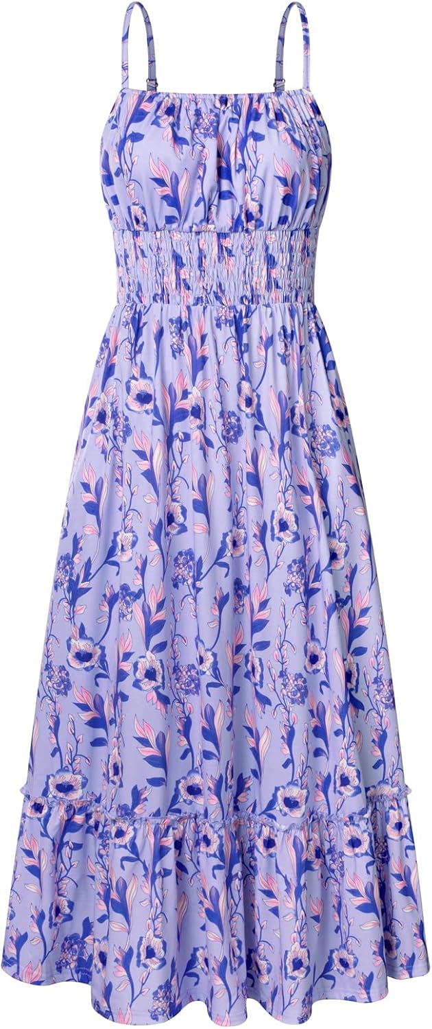 GRACE KARIN Summer Dresses for Women 2026 Vacation,Smocked Floral Maxi Dress,Boho Beach Sundress with Pocket Fashion Clothing