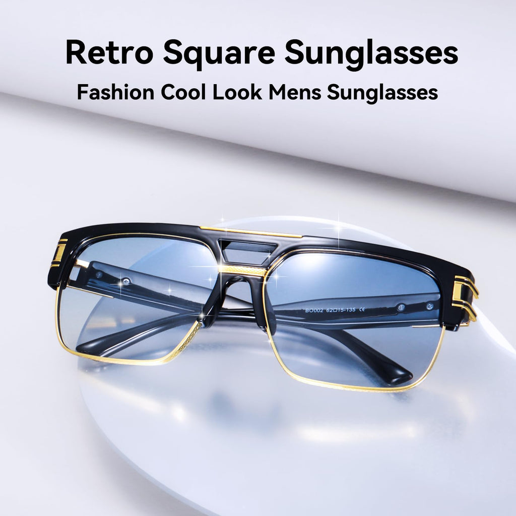 Dollger Square Sunglasses for Men Classic Oversized Sun Glasses Retro Semi Rimless Gold Alloy Frame UV400