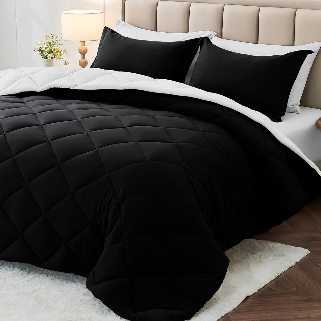 MUXHOMO 7 Pieces King Comforter Set, Reversible Bed in a Bag King Size, All Season Bedding Set with Comforter, Flat Sheet, Fitted Sheet, Pillowcases & Shams, Red & Black