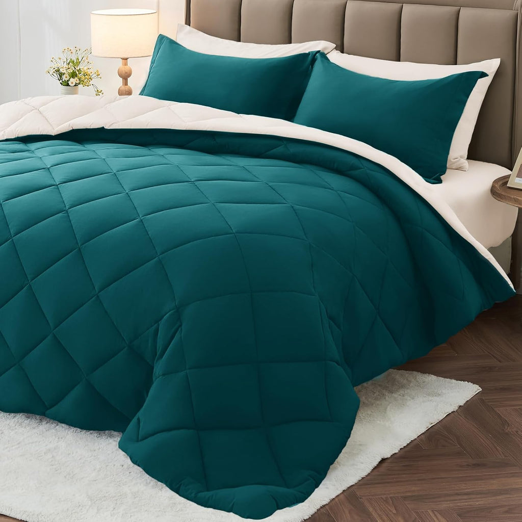 MUXHOMO 7 Pieces King Comforter Set, Reversible Bed in a Bag King Size, All Season Bedding Set with Comforter, Flat Sheet, Fitted Sheet, Pillowcases & Shams, Red & Black
