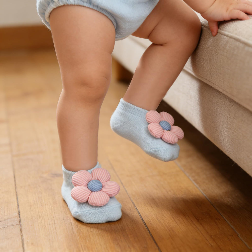KEAINVRN 4Packs Baby Girls Socks,Flower Non-Slip Grips for Babies Toddler Princess Low Cut Ankle Socks for Girls