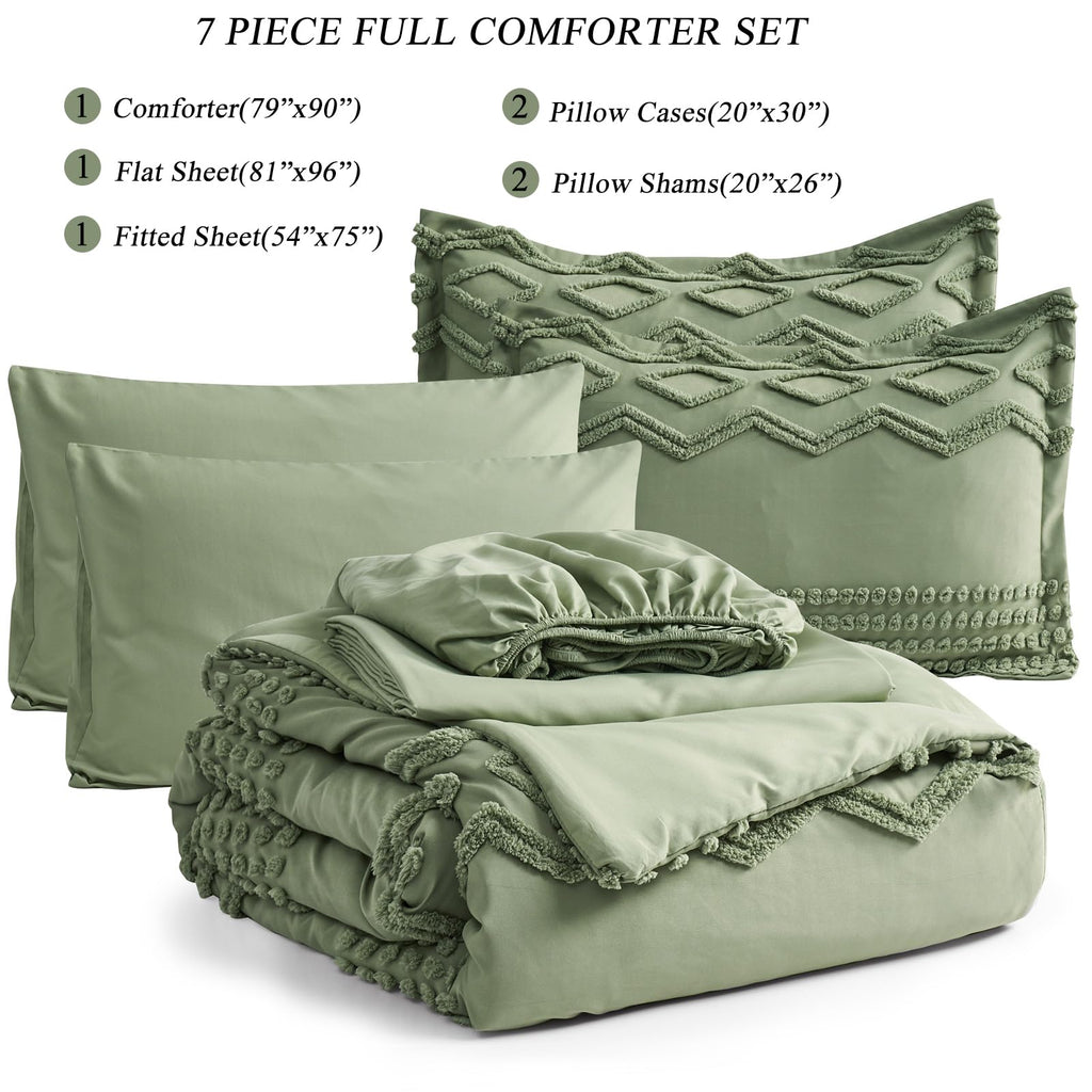 KAKIJUMN Grey Tufted Comforter Set King Size 7 Piece Bed in a Bag, Shabby Chic Boho Comforter and Sheet Set, Pom Pom Textured Bed Set, All Season Soft Microfiber Complete Bedding Set(Grey,King)
