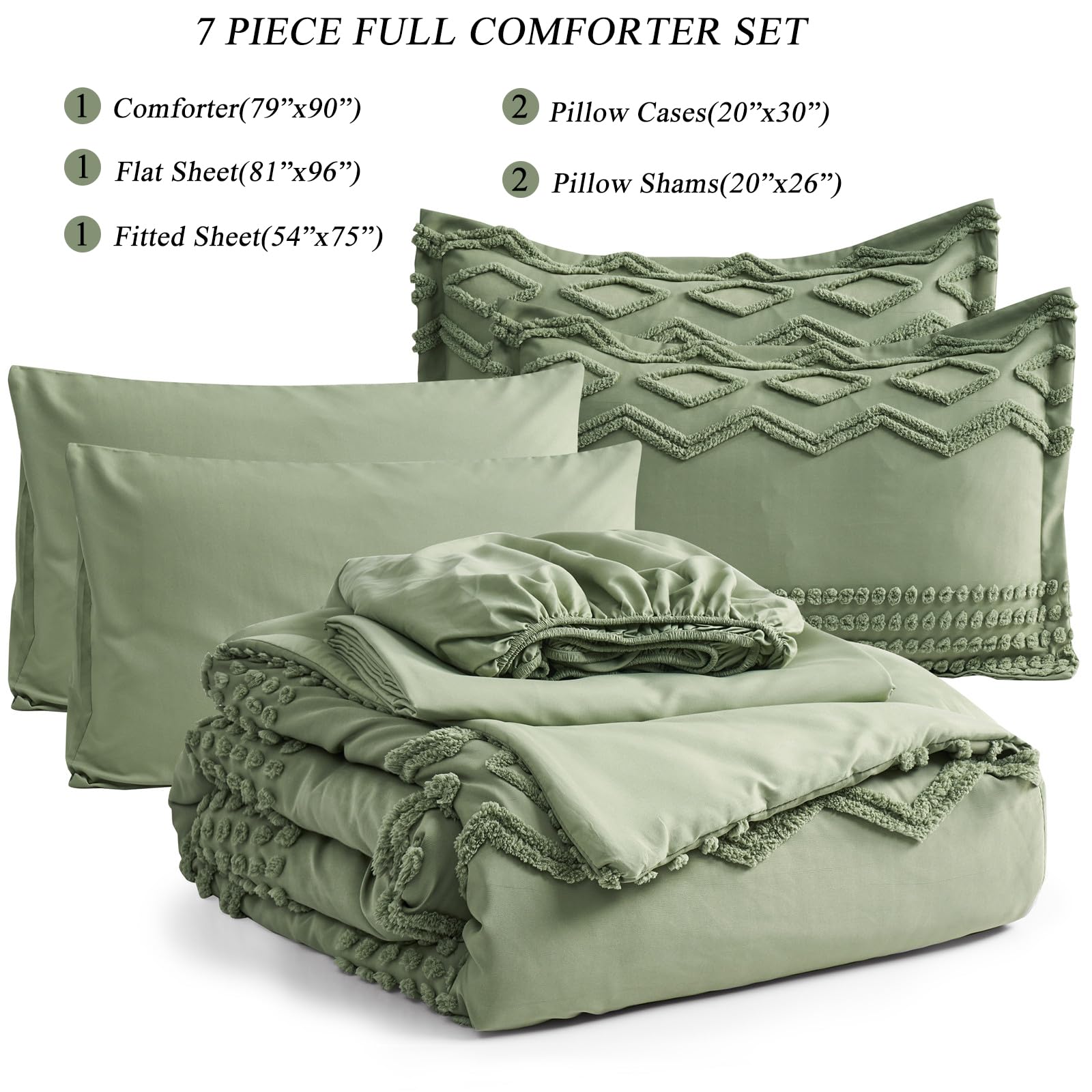 KAKIJUMN Grey Tufted Comforter Set King Size 7 Piece Bed in a Bag, Shabby Chic Boho Comforter and Sheet Set, Pom Pom Textured Bed Set, All Season Soft Microfiber Complete Bedding Set(Grey,King)