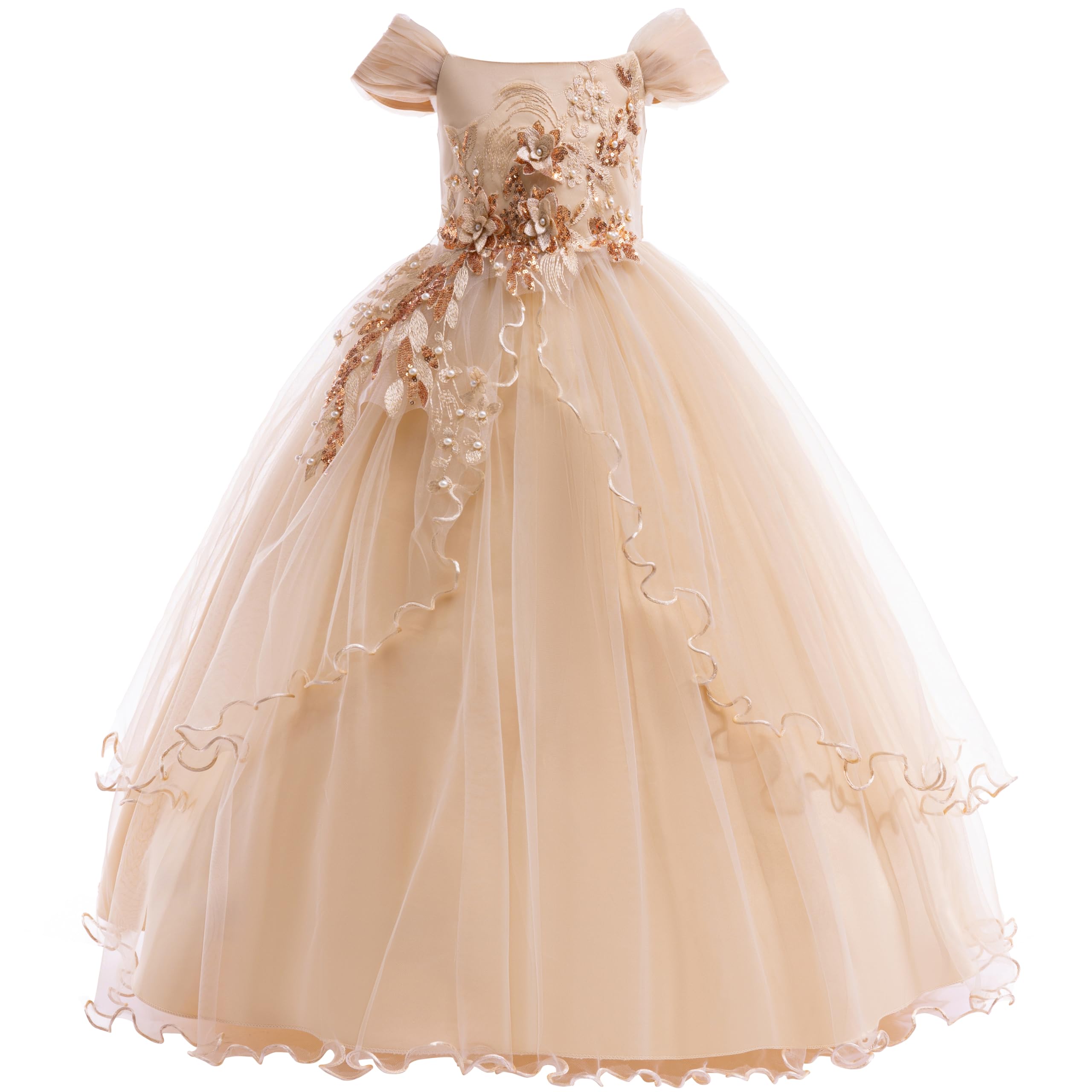 Weileenice Vintage Off the Shoulder Flower Girl Dress Lace Embroidery Little/Big Girls Wedding Bridesmaid Holiday Ballgown