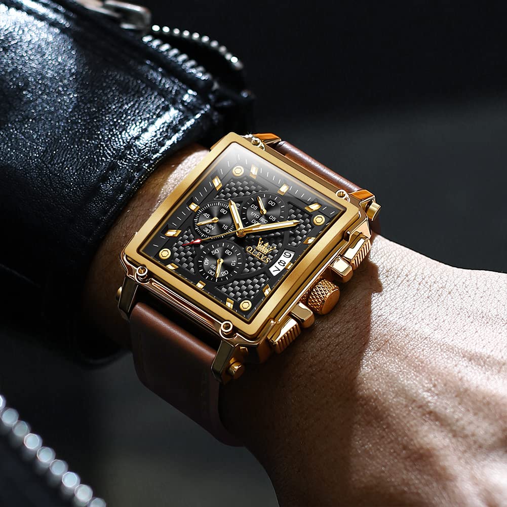 OLEVS Men's Casual Leather Watch, Big Face Chronograph Watch for Men, Fashion Easy to Read Dress Watch, Men's Waterproof Luminous Date Analog Watch, Gold/Black/White/Blue Dial