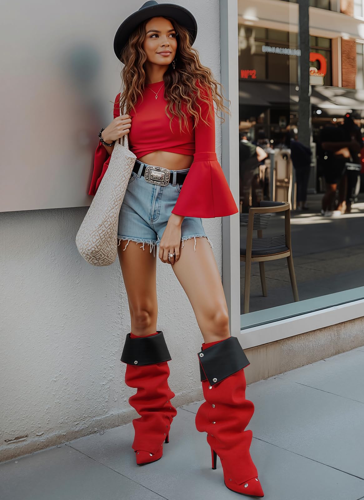 Women's Knee High Shark Boots Pointed Toe High Heels Ruched Stiletto Slouchy Party Boots Detachable Snap-off Panel