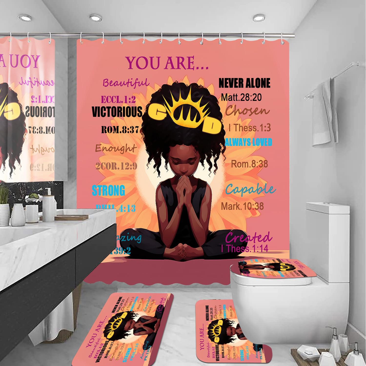 African American Shower Curtain Sets for Bathroom, Black Praying King Bathroom Sets with Waterproof Shower Curtain and Non-Slip Rugs Toilet Lid Cover Bath Mat, Cool Unique Man Bathroom Decor Sets