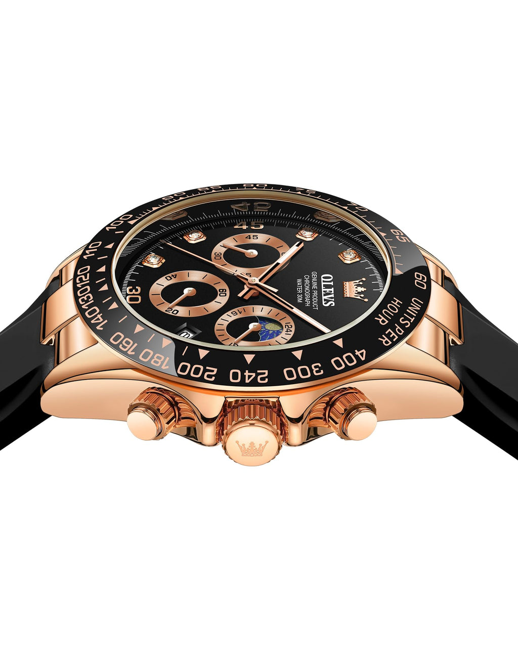OLEVS Men Analog Quartz Waterproof Watches Multifunction Chronograph Diamond Moon Phase Luminous Silicone Band Wrist Watches