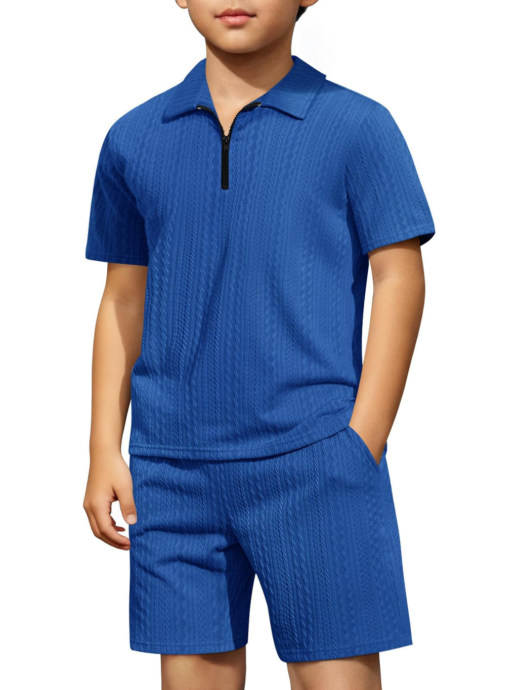 Haloumoning Boys 2 Piece Summer Outfits Kids Quarter Zip Polo Shirt and Shorts Set Athletic Tracksuit 5-14 Years