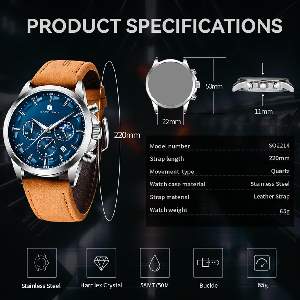 SAPPHERO Chronograph Watches for Men, Original Business Casual Stainless Steel Analog Watch 50M Waterproof Luminous Watches with Date Dial, Mens Gift