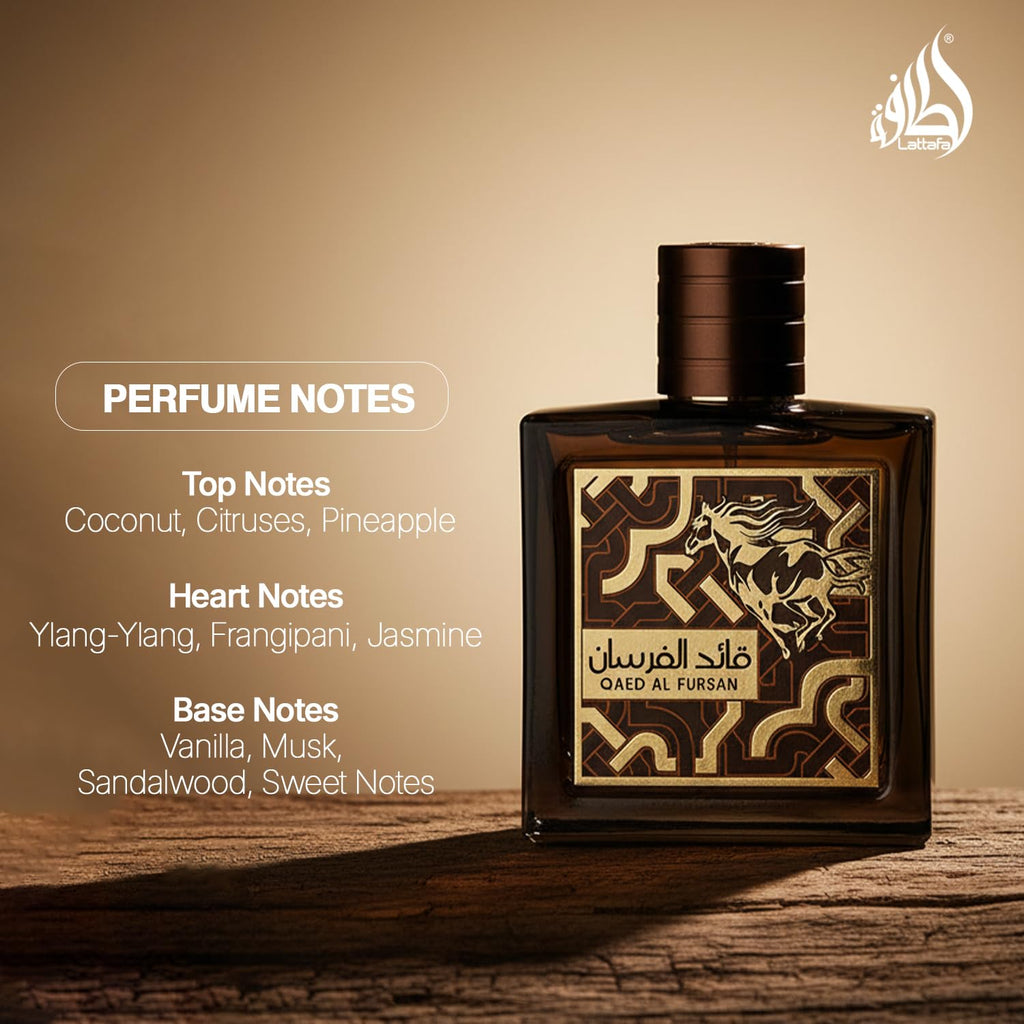 Lattafa Qaed Al Fursan - Oriental, Fruity, Fresh, Amber Wood - Eau de Parfum Long-Lasting Fragrance for Unisex, 3.40 Ounce / 100 ml