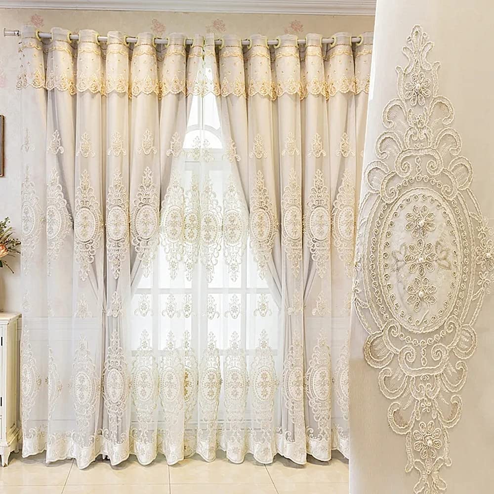 Amidoudou 1 Pair European Double Layer Curtains with Valances for Living Room Bedroom Luxury 3D Flower Embroidered Curtains (Yellow,52x96 Inch)
